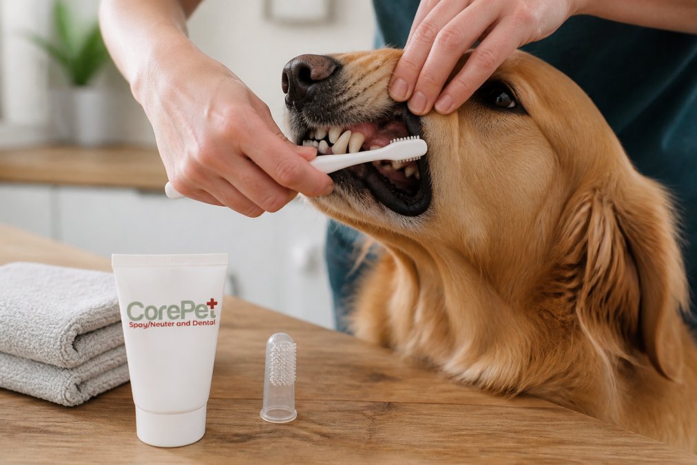 Close-up of a person's hands gently lifting a dog's lip to brush its teeth with a soft-bristled toothbrush and pet-safe toothpaste, warm natural light in a home kitchen