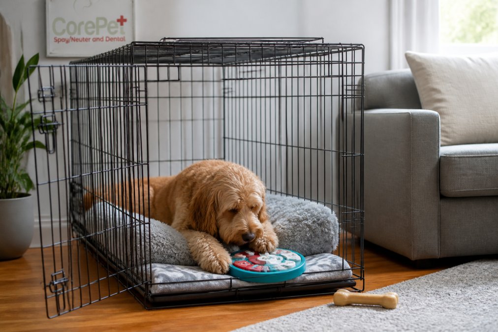 A dog resting calmly in a crate with a puzzle toy, soft bedding, and a chew bone nearby in a cozy living room setting