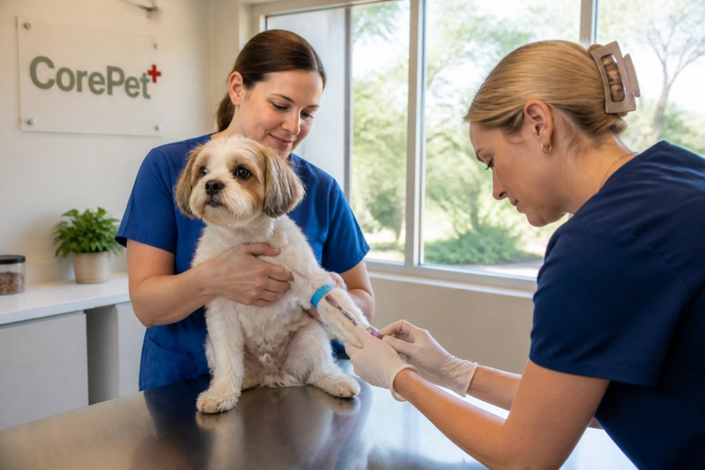 A veterinarian in blue scrubs gently holds a small dog on a stainless steel exam table while a technician prepares a blood draw, bright modern clinic with natural light