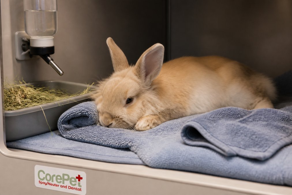 A calm, fluffy rabbit resting comfortably in a clean, soft towel-lined enclosure, with a water bottle and fresh hay visible nearby, set in a quiet, dimly lit room
