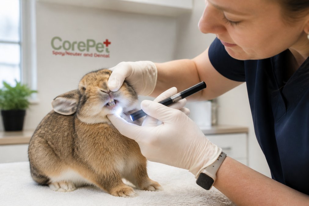 Close-up of a rabbit's face being gently examined by a veterinarian's gloved hands, with a small flashlight checking the mouth area in a bright clinic setting