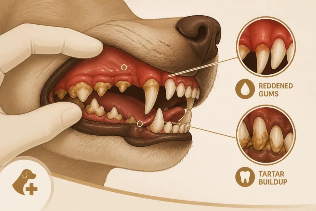 Close-up of a dog's mouth showing reddened gums and visible tartar buildup on teeth, with a veterinarian's gloved hand gently examining the oral cavity