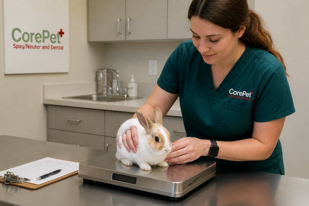 A veterinary technician in scrubs gently weighing a small rabbit on a stainless steel scale in a bright clinic exam room, clipboard nearby