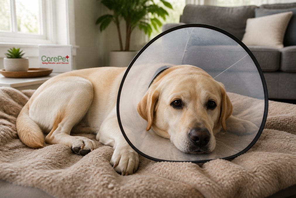 A calm dog wearing a clear plastic E-collar resting on a soft blanket in a quiet, sunlit living room