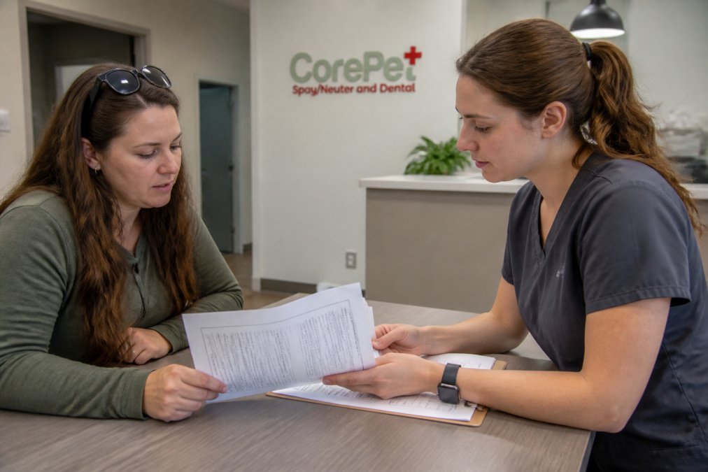 Pet owner reviewing pre-surgical documents with a veterinarian at a consultation table, examining lab results and surgical consent forms in a modern clinic setting