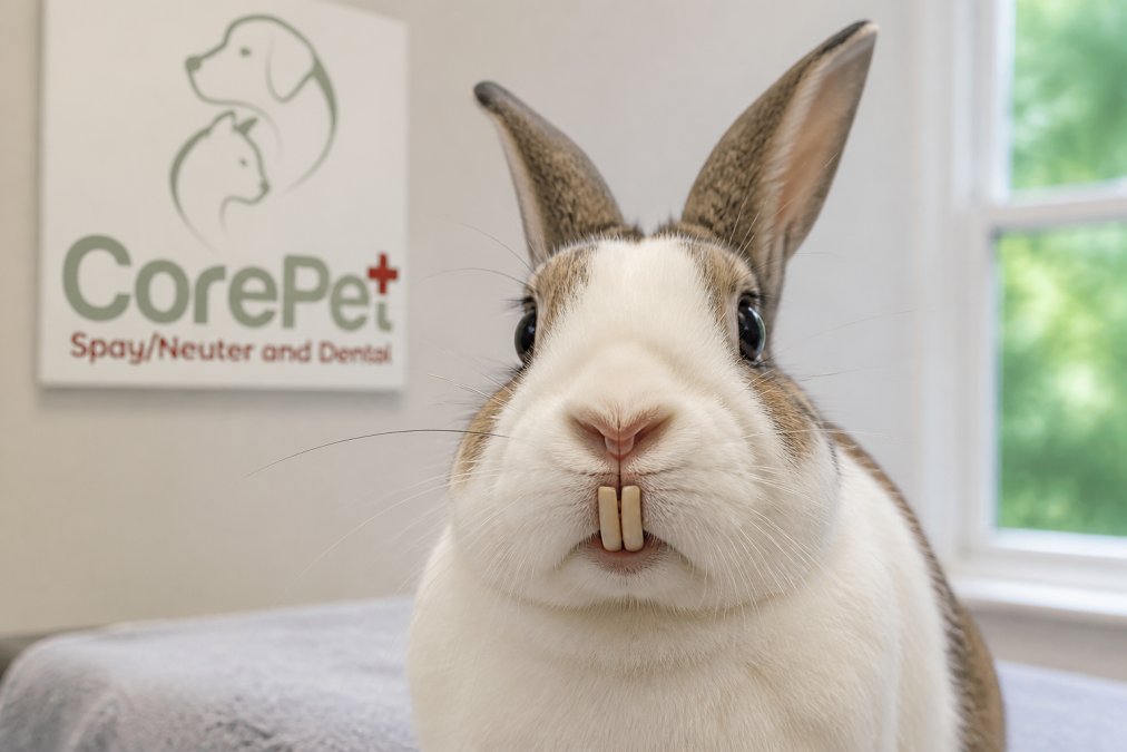 Close-up of a rabbit's face showing prominent front incisors with natural alert expression in soft natural lighting