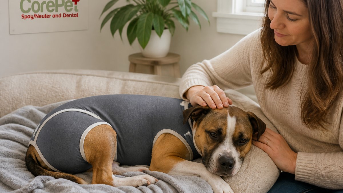 A calm dog wears a soft recovery suit as a comfortable e-collar alternative while resting at home with its owner.
