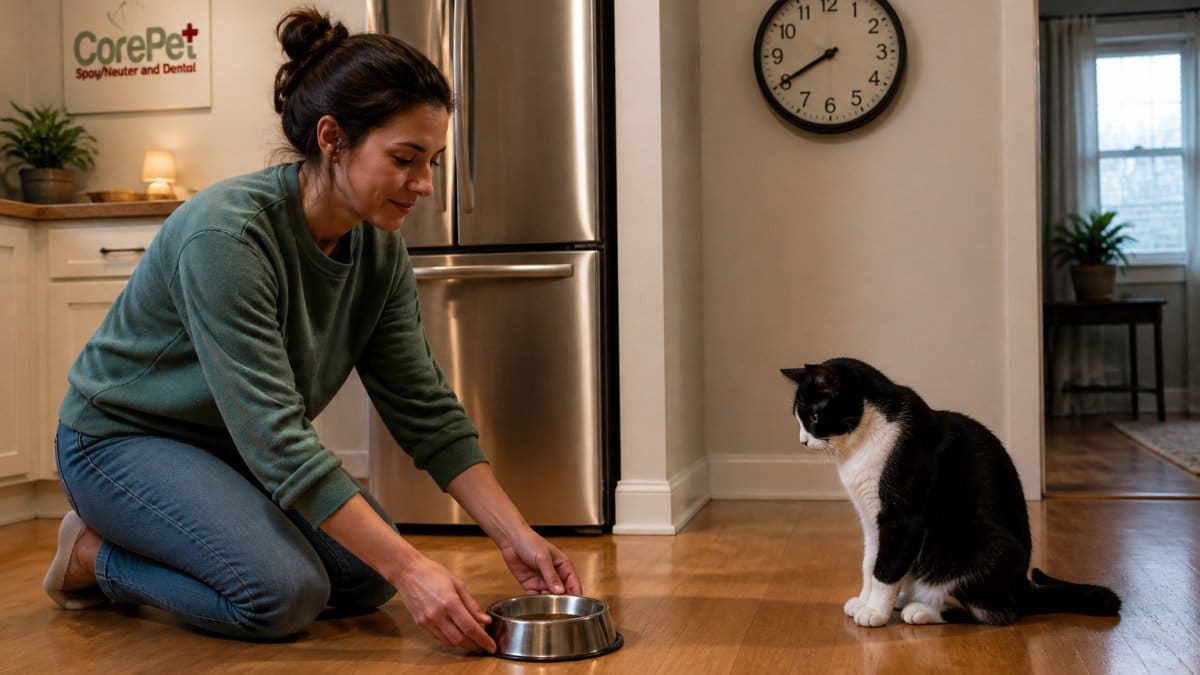 A cat owner in a home kitchen placing an empty food bowl on the floor while a cat sits nearby watching, with a clock on the wall showing evening time