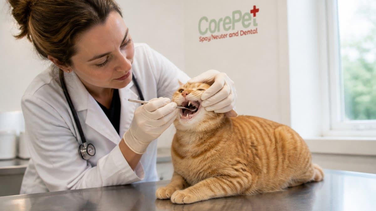 A veterinarian in a white coat gently examining a calm orange tabby cat's mouth with a small dental mirror, bright exam room lighting, stainless steel table