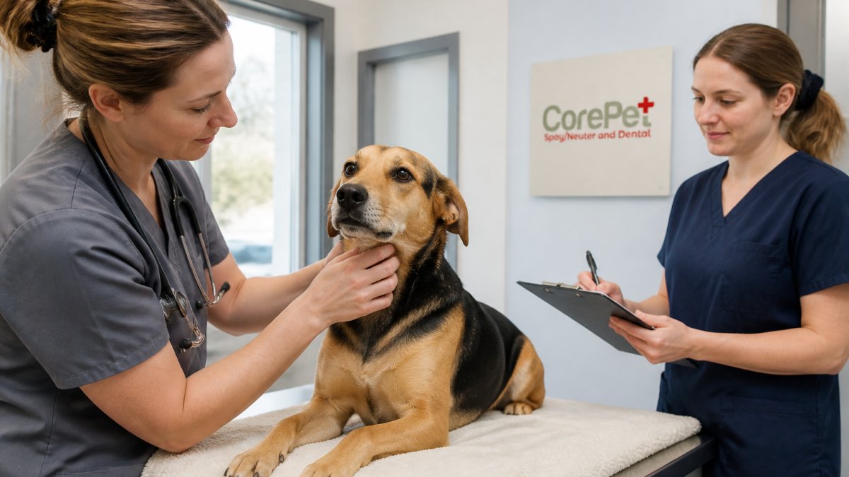 A veterinarian in scrubs gently examining a calm medium-sized dog on an exam table in a bright, modern clinic room, with a veterinary technician taking notes nearby