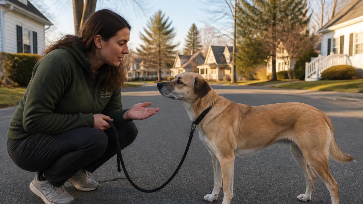 A person calmly crouching low on a quiet residential street in New Hampshire, holding a leash and speaking softly to a loose medium-sized dog, late afternoon light