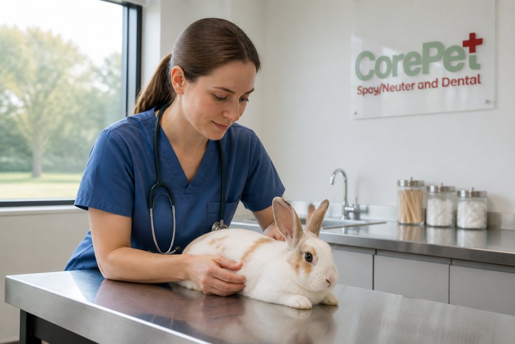A veterinarian in blue scrubs gently examining a calm female rabbit on a stainless steel exam table in a bright, modern clinic room, soft daylight through a window