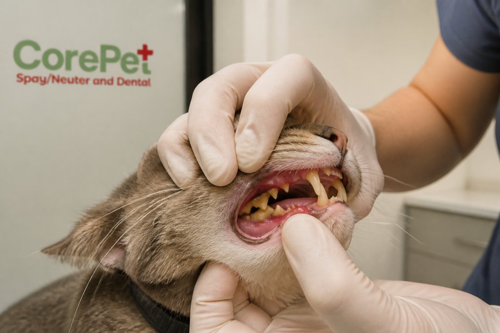 Close-up of a veterinarian's gloved hands lifting a cat's lip to inspect reddened gums and tartar buildup along the back molars under bright clinic lighting