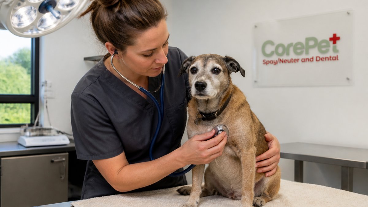 Veterinarian performing a physical exam on a senior dog to determine if spay surgery is safe for older dogs.