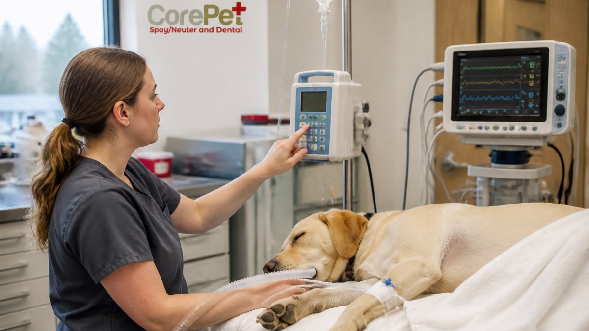 Veterinary technician monitoring an anesthetized dog with IV catheter in place, adjusting fluid rate on IV pump while checking vital signs on surgical monitoring equipment in modern surgical suite
