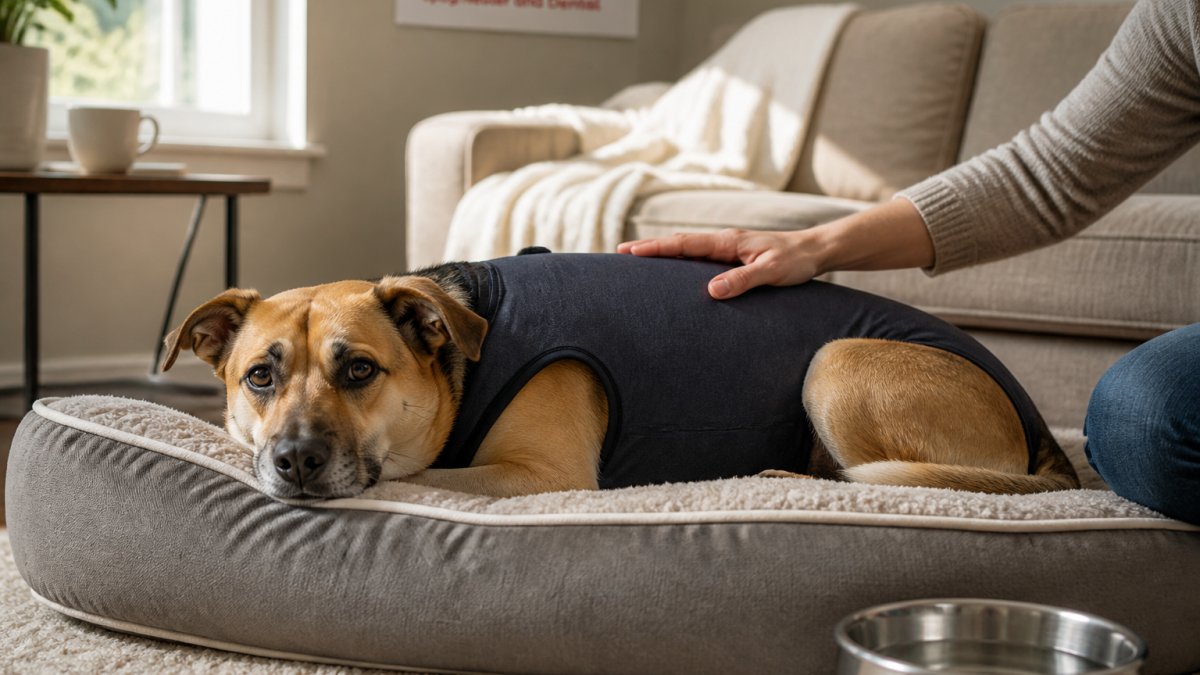 A medium-sized dog resting on a soft orthopedic bed in a sunlit living room, wearing a fabric recovery suit, with a stainless steel water bowl nearby and a person's hand gently stroking its back