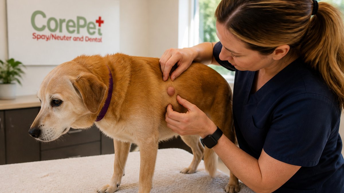 Veterinary professional examining a dog's skin for lumps and growths in a bright, modern clinic setting with natural lighting