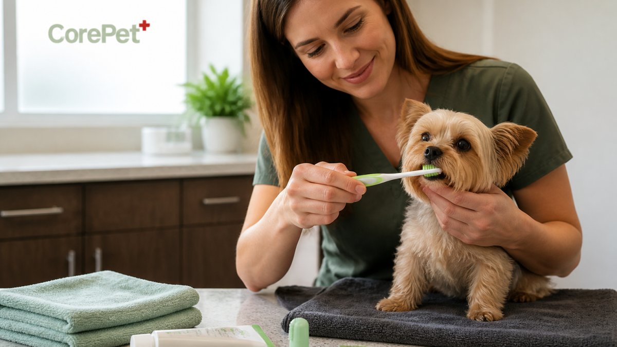 A person gently brushing a small dog's teeth with a dog toothbrush and dog-safe toothpaste, both looking calm in a bright home setting