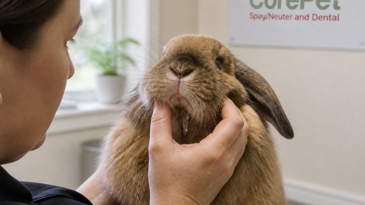 Close-up photograph of a rabbit's face showing a wet chin and drool, with a caring owner gently examining the rabbit in a bright home setting