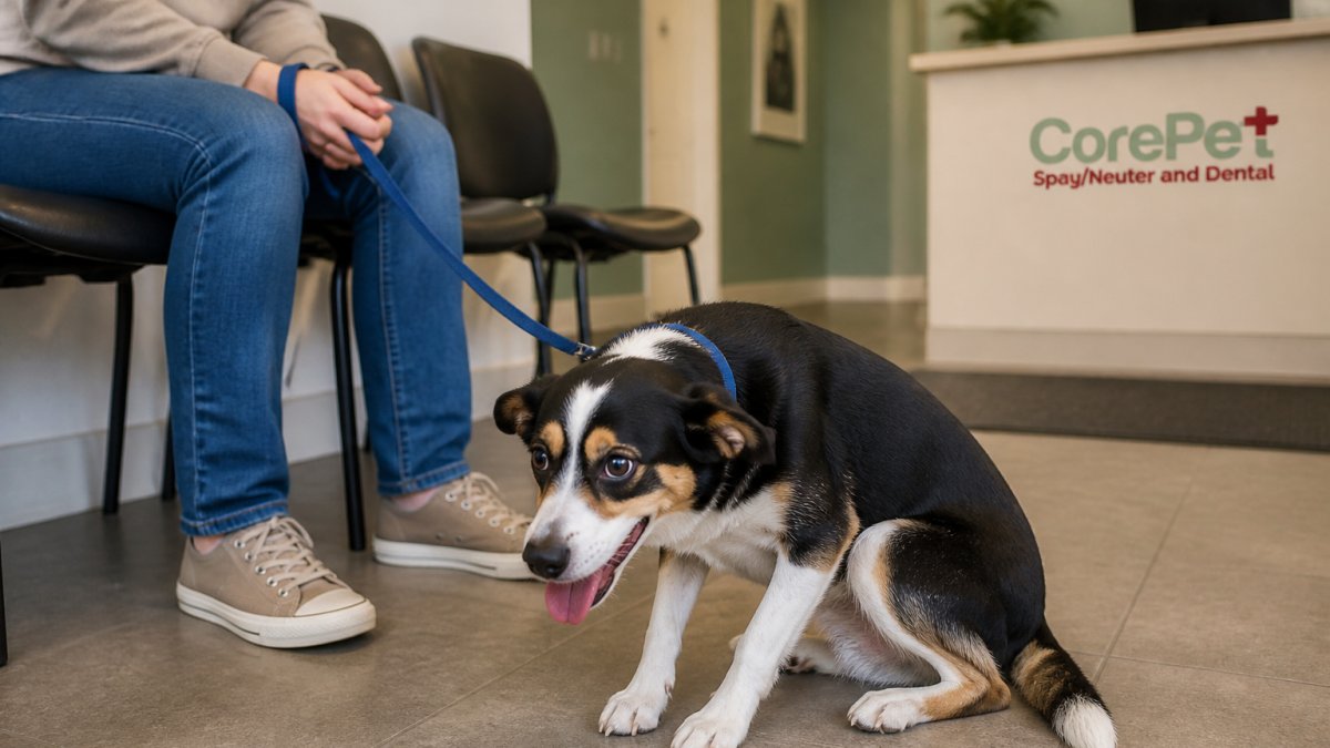Nervous dog in a veterinary clinic waiting room showing anxiety with tucked ears, lowered posture, and panting while owner sits nearby