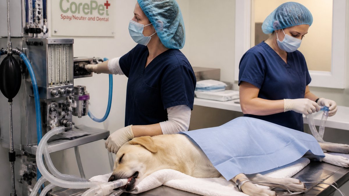 A veterinarian in surgical scrubs monitoring vital signs on an anesthesia machine while a technician adjusts equipment in a bright, sterile surgical suite, with a dog resting on the table under anesthesia