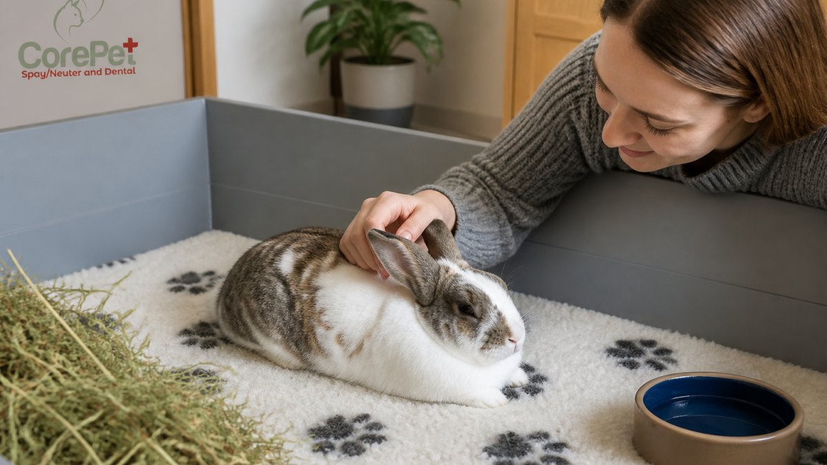 A pet owner gently checking on a domestic rabbit resting in a clean recovery enclosure lined with soft fleece bedding, with fresh hay and a water bowl nearby in a calm home setting