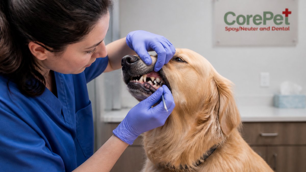 A veterinarian in blue scrubs lifting a calm golden retriever's lip to inspect the gumline with a small dental mirror in a bright exam room