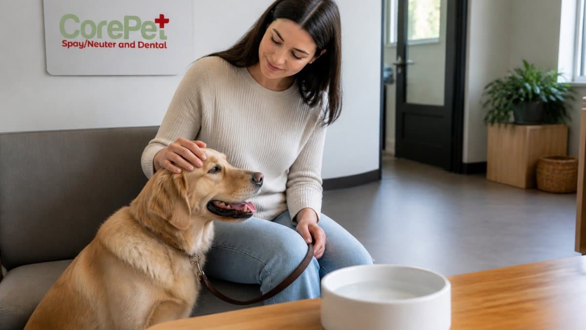 A pet owner gently stroking their dog in a calm, well-lit veterinary clinic waiting area, with a clean bowl of water visible nearby
