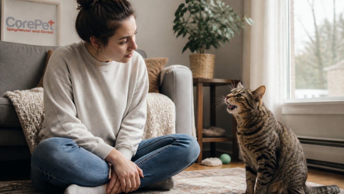 A concerned pet owner sitting on a living room floor, gently observing an adult cat that is sitting upright with mouth open mid-vocalization, soft natural light from a window, cozy home setting